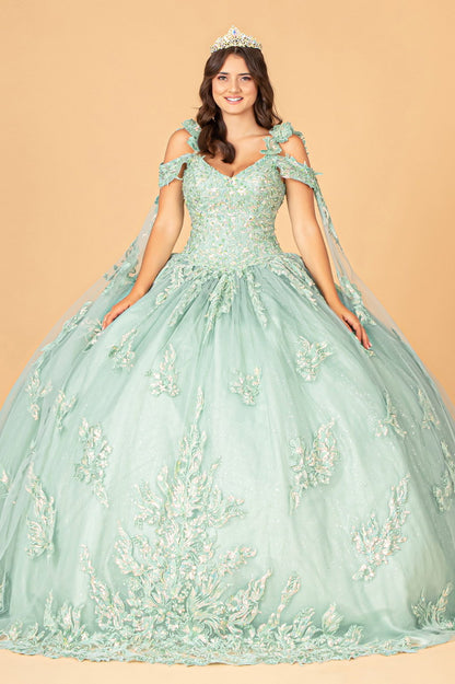 3-D Flower Applique Mesh Quinceanera Ball Gown with Side Mesh Drapes