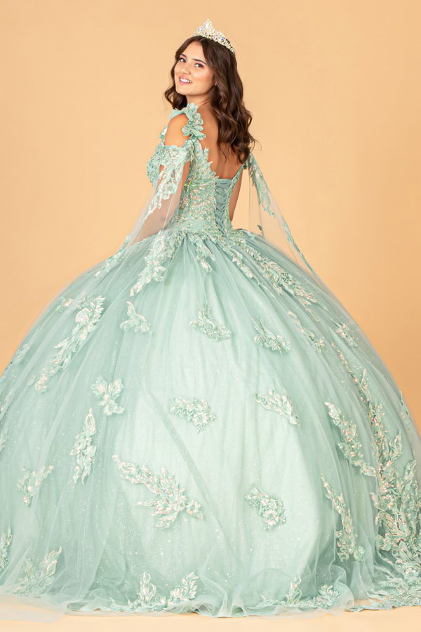 3-D Flower Applique Mesh Quinceanera Ball Gown with Side Mesh Drapes