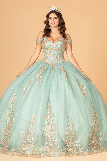 Gold Embroidered Mesh Quinceanera Ball Gown w/ Corset Back