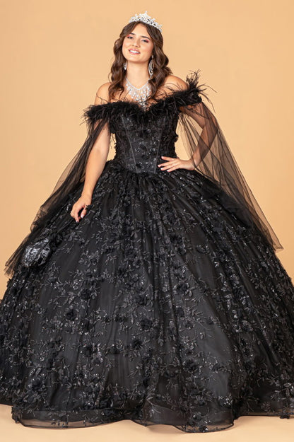 Mesh Quinceanera Dress w/ Side Mesh Drape and Detachable Feather Embellishment