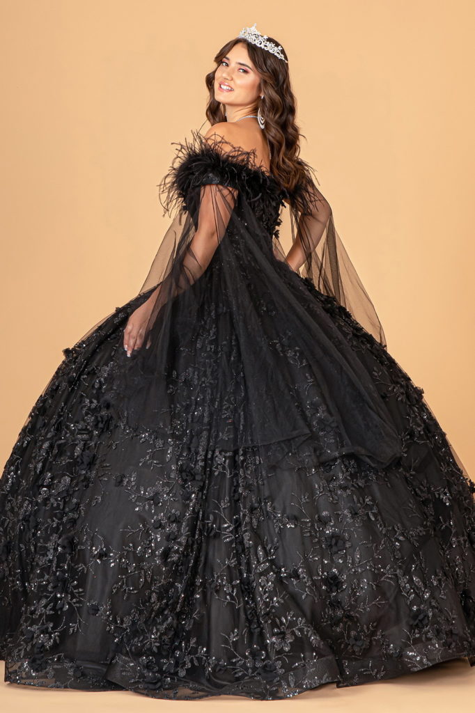 Mesh Quinceanera Dress w/ Side Mesh Drape and Detachable Feather Embellishment