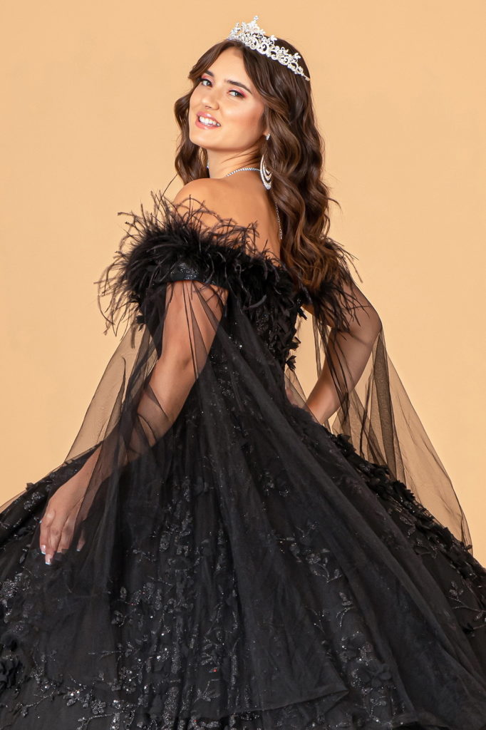 Mesh Quinceanera Dress w/ Side Mesh Drape and Detachable Feather Embellishment