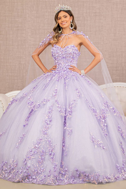 3-D Flower Applique Glitter Quinceanera Gown w/ Mesh Cape