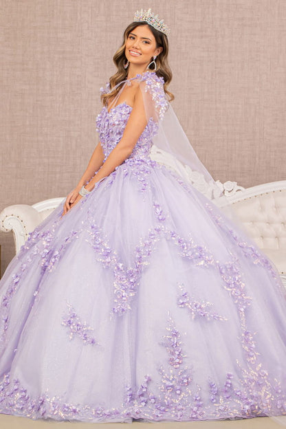 3-D Flower Applique Glitter Quinceanera Gown w/ Mesh Cape