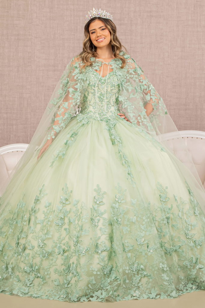 Jewel Mesh Quinceanera Gown w/ 3-D Butterfly Appliques and Long Mesh Cape