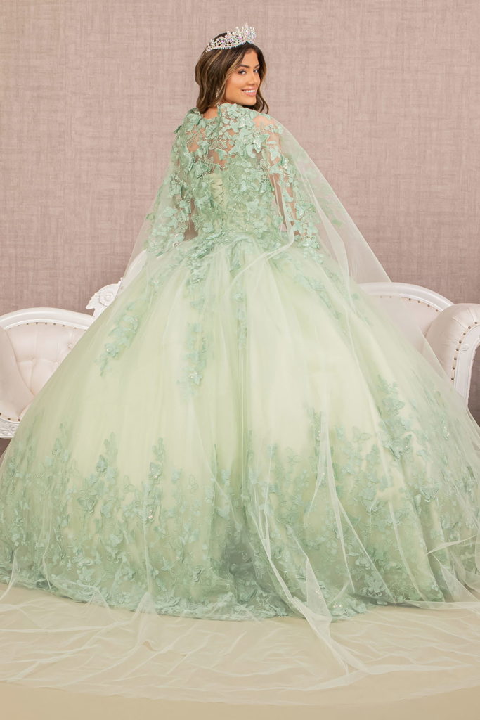 Jewel Mesh Quinceanera Gown w/ 3-D Butterfly Appliques and Long Mesh Cape