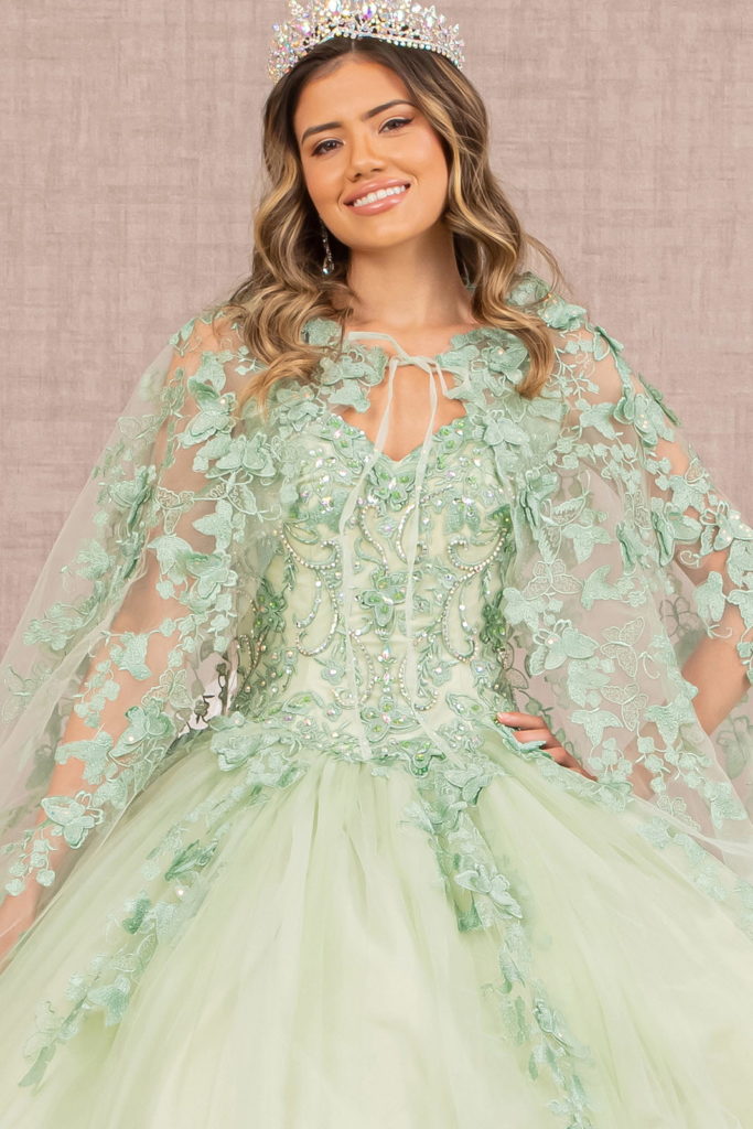 Jewel Mesh Quinceanera Gown w/ 3-D Butterfly Appliques and Long Mesh Cape