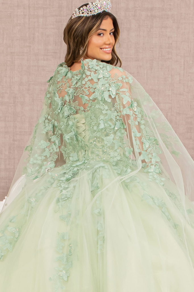 Jewel Mesh Quinceanera Gown w/ 3-D Butterfly Appliques and Long Mesh Cape