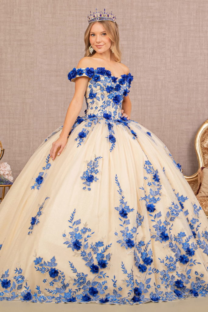 3-D Flower Embroidery Off Shoulder Mesh Quinceanera Gown