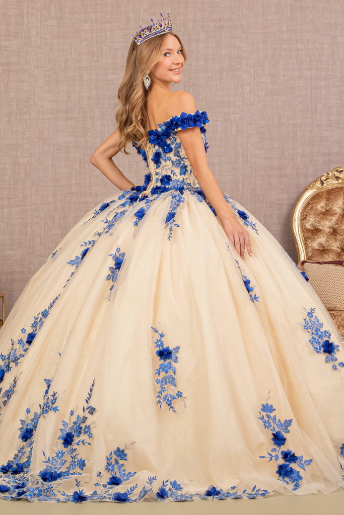 3-D Flower Embroidery Off Shoulder Mesh Quinceanera Gown