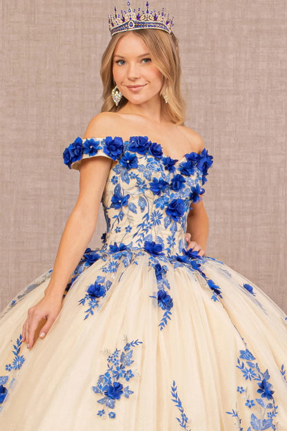 3-D Flower Embroidery Off Shoulder Mesh Quinceanera Gown