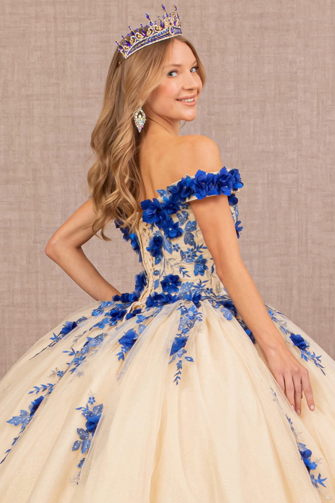 3-D Flower Embroidery Off Shoulder Mesh Quinceanera Gown