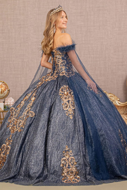 Feather Sequin Quinceanera Gown w/ Detachable Side Mesh Layer