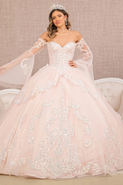 Glitter Layered Hem Quinceanera Gown w/ Long Mesh Sleeves