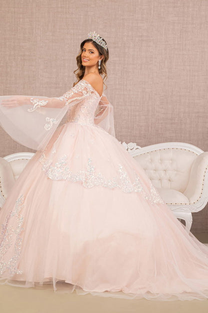 Glitter Layered Hem Quinceanera Gown w/ Long Mesh Sleeves