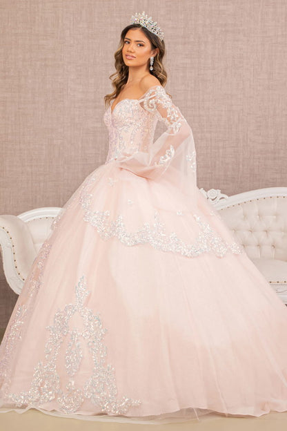 Glitter Layered Hem Quinceanera Gown w/ Long Mesh Sleeves