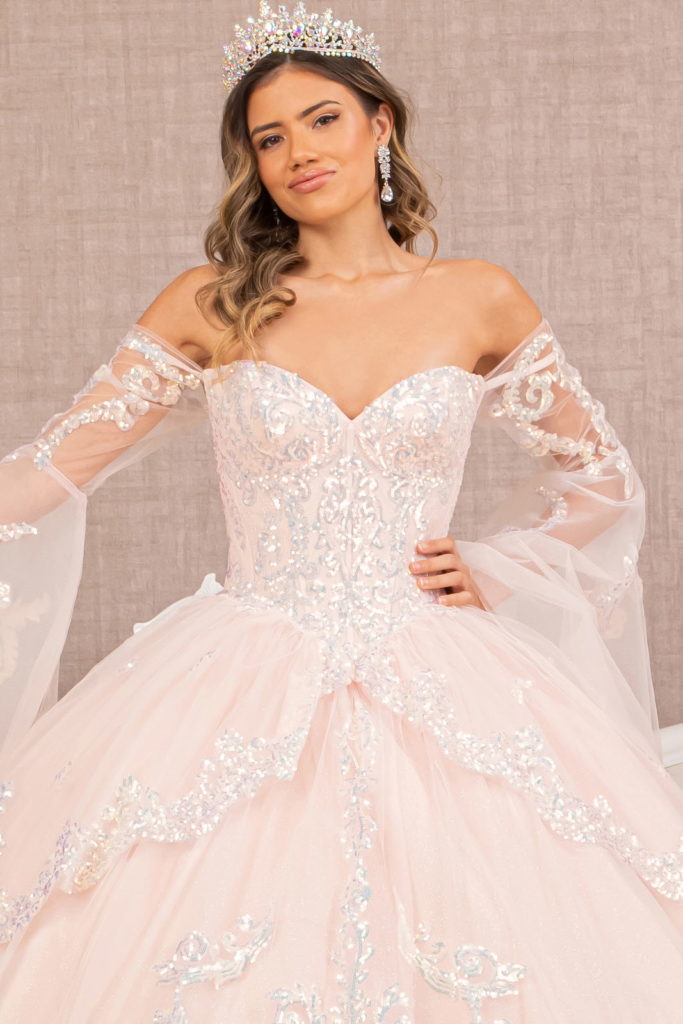 Glitter Layered Hem Quinceanera Gown w/ Long Mesh Sleeves