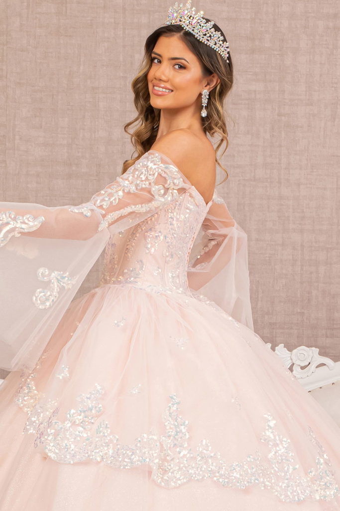 Glitter Layered Hem Quinceanera Gown w/ Long Mesh Sleeves