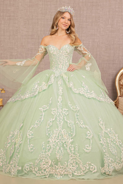 Glitter Layered Hem Quinceanera Gown w/ Long Mesh Sleeves