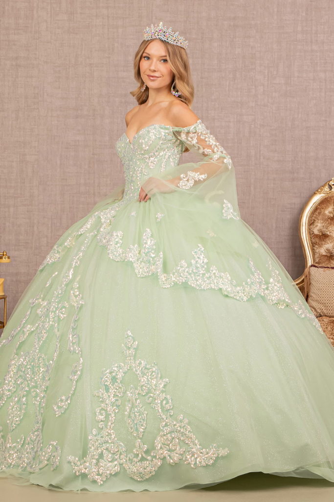 Glitter Layered Hem Quinceanera Gown w/ Long Mesh Sleeves