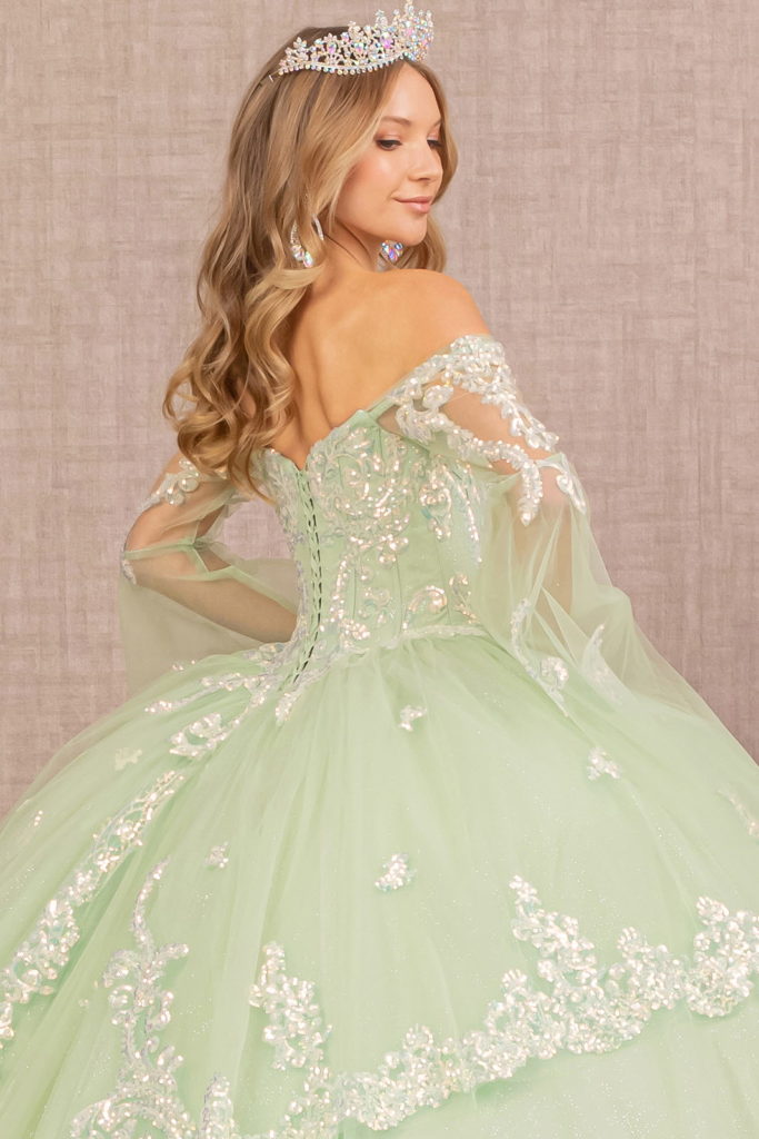 Glitter Layered Hem Quinceanera Gown w/ Long Mesh Sleeves