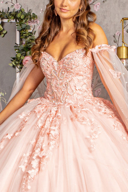 3-D Butterfly Applique Glitter Quinceanera Gown w/ Long Mesh Layer