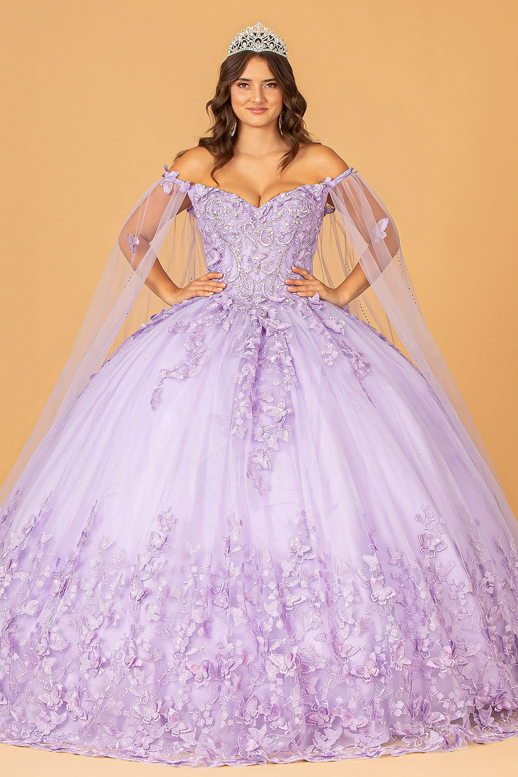 3-D Butterfly Applique Glitter Quinceanera Gown w/ Long Mesh Layer