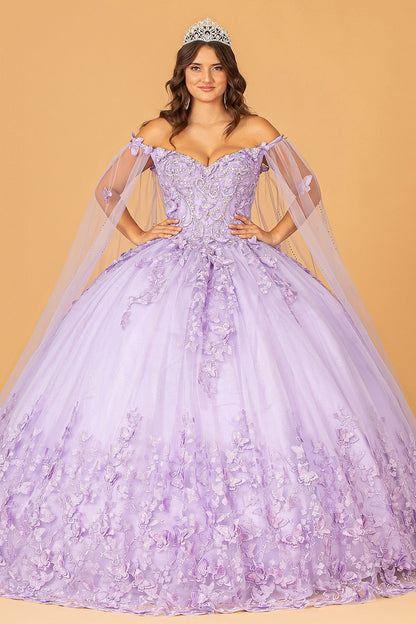 3-D Butterfly Applique Glitter Quinceanera Gown w/ Long Mesh Layer