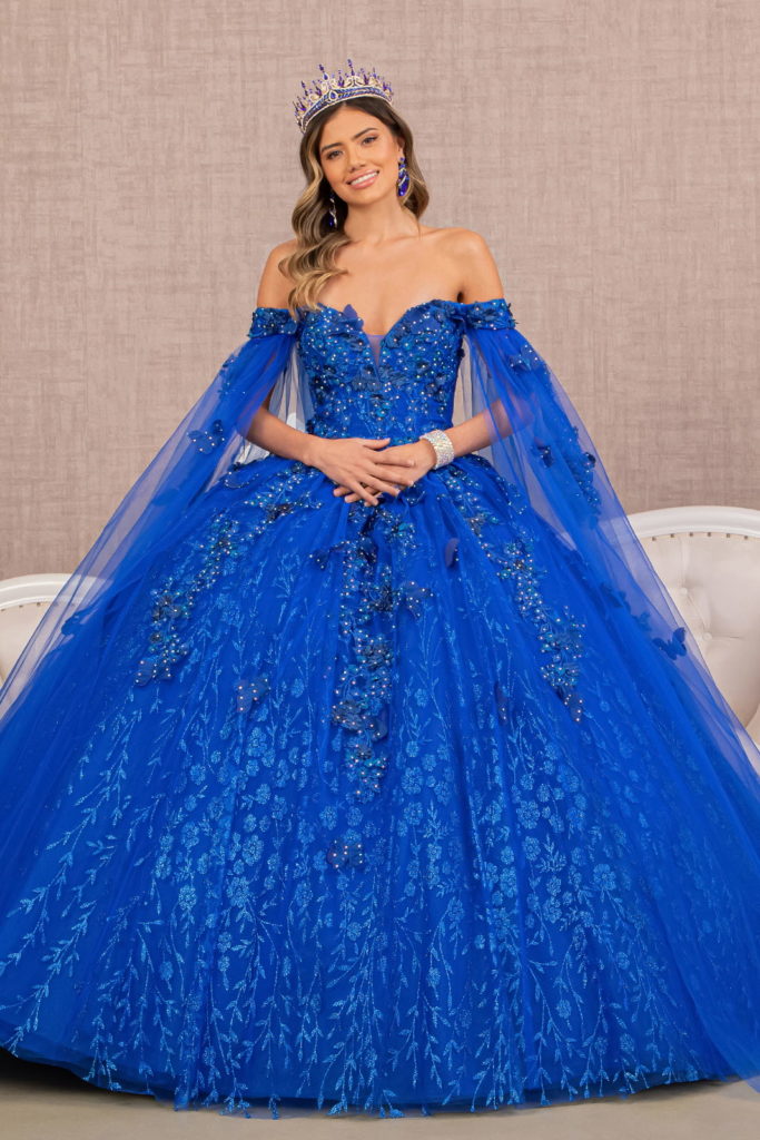 Embroidery Glitter Quinceanera Gown w/ Long Mesh Layer