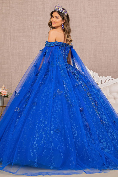 Embroidery Glitter Quinceanera Gown w/ Long Mesh Layer