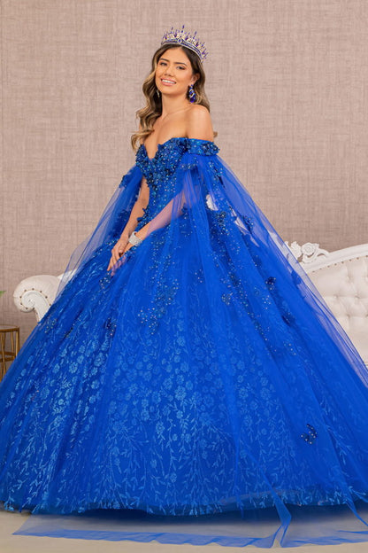 Embroidery Glitter Quinceanera Gown w/ Long Mesh Layer