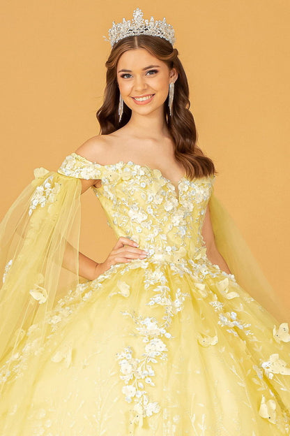 Embroidery Glitter Quinceanera Gown w/ Long Mesh Layer