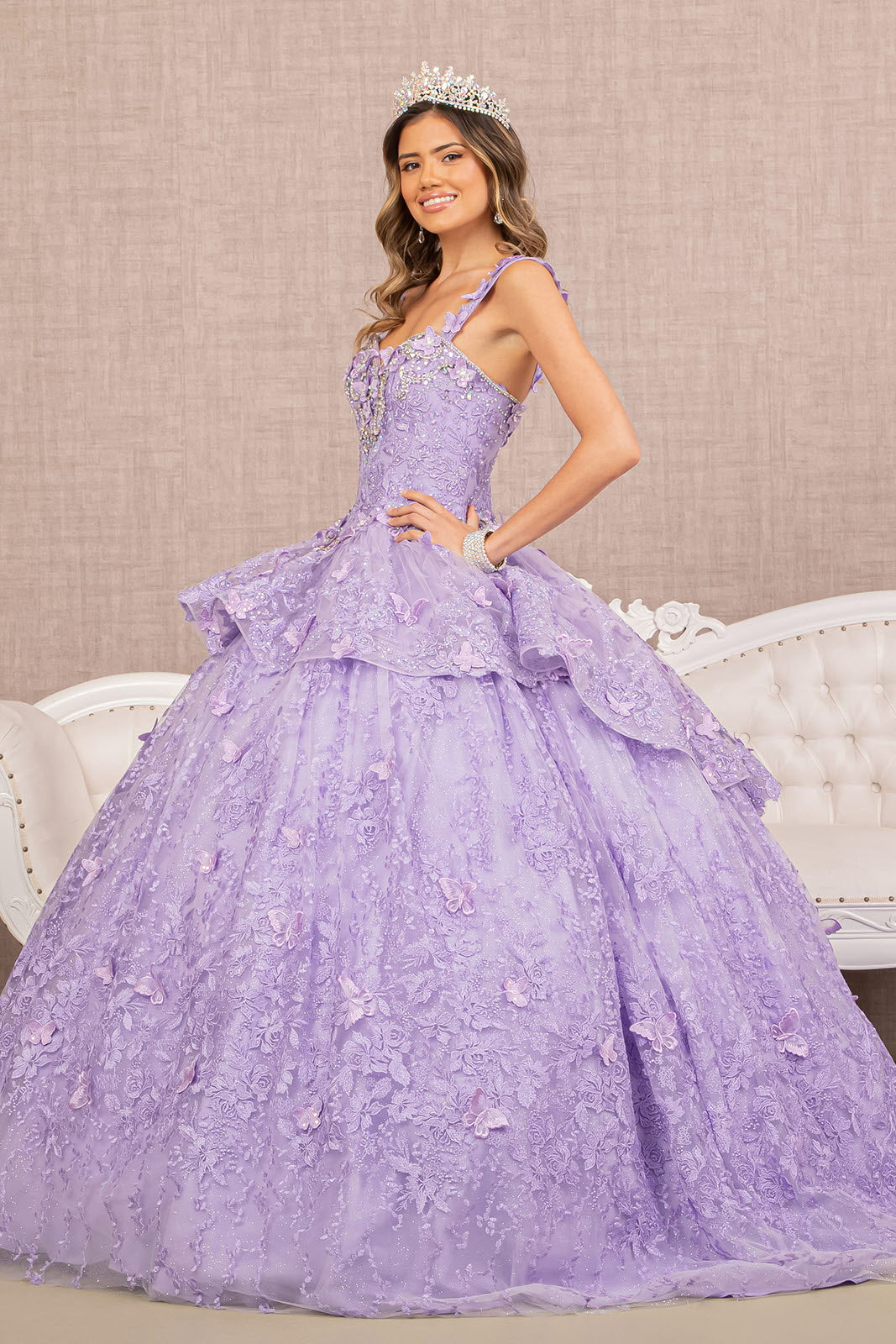 Jewel 3-D Butterfly Applique Off Shoulder Mesh Quinceanera Gown