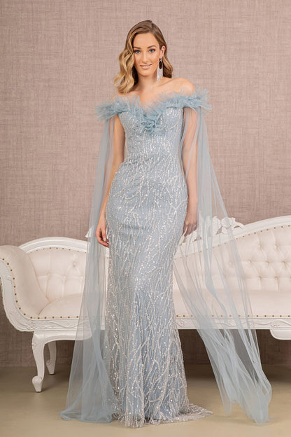 Sequin Bead Strapless Mesh Mermaid Dress w/ Side Long Mesh Layer