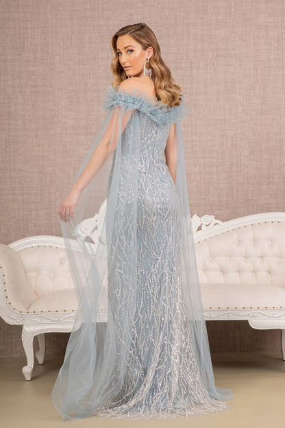 Sequin Bead Strapless Mesh Mermaid Dress w/ Side Long Mesh Layer