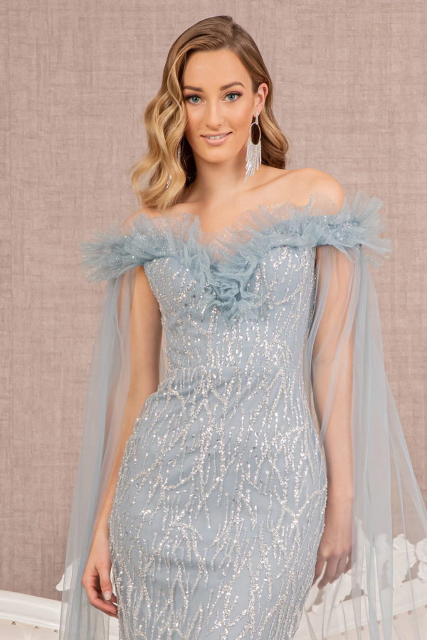 Sequin Bead Strapless Mesh Mermaid Dress w/ Side Long Mesh Layer