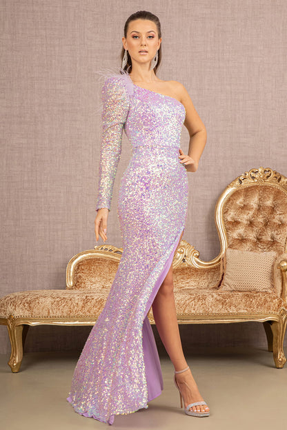 Feather Sequin Asymmetric Long Sleeve Mesh Mermaid Dress