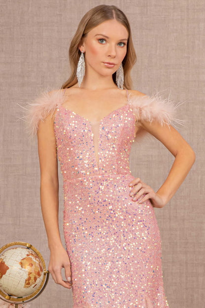 Sheer Bodice Sequin Glitter Trumpet Dress w/ Feather on Straps