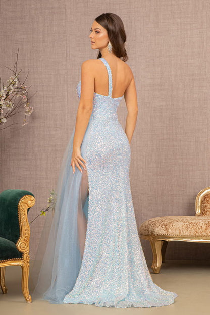 Sequin Glitter Asymmetric Mermaid Dress w/ Long Waist Mesh Layer