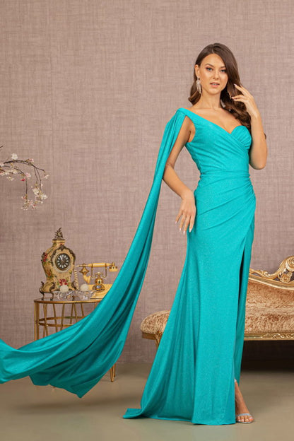 Glitter Asymmetric Ruched Side Mermaid Dress w/ Side Long Layer