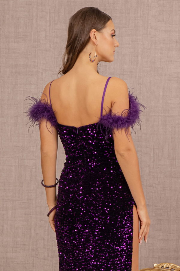 Sequin Cut-away Shoulder Velvet Mermaid Dress w/ Wide Side Slit