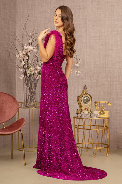 Asymmetric Sleeveless Feather Sequin Velvet Mermaid Dress