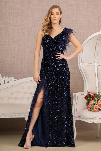 Asymmetric Sleeveless Feather Sequin Velvet Mermaid Dress