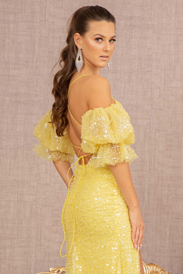 Jewel Sweetheart Mesh Mermaid Dress w/ Detachable Short Puff Sleeves