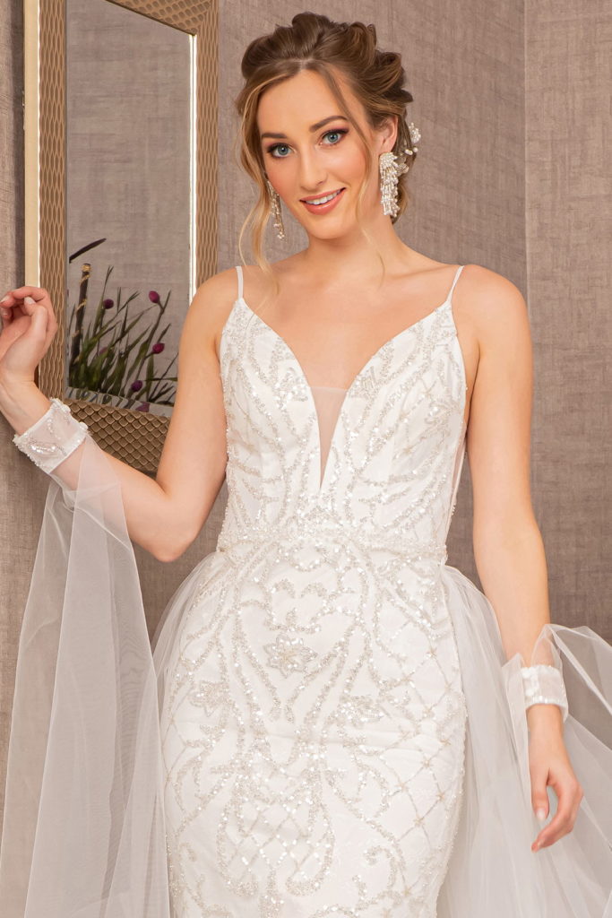 Jewel Bead Wedding Dress w/ Detachable Waist Long Mesh Layer