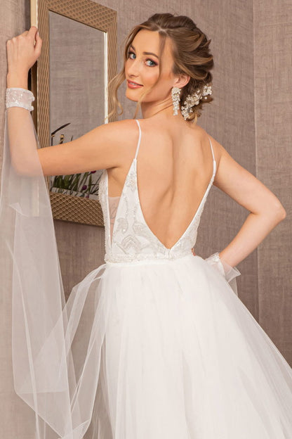 Jewel Bead Wedding Dress w/ Detachable Waist Long Mesh Layer