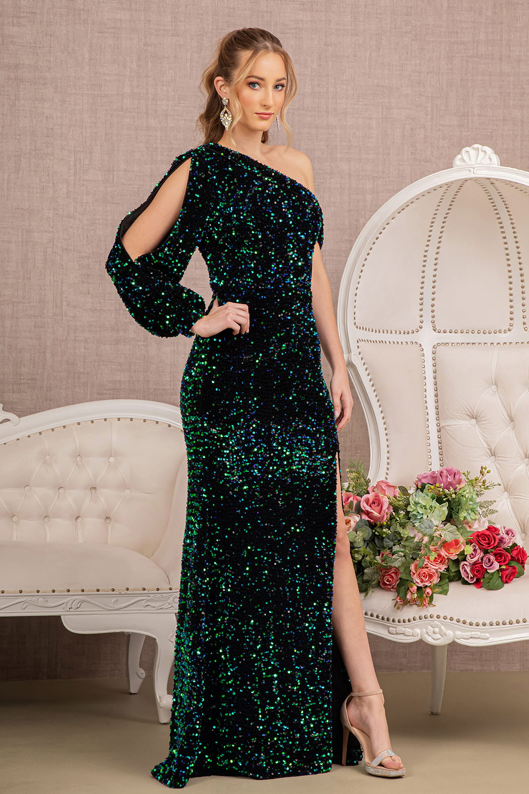 Sequin Asymmetric Velvet Mermaid Dress w/ One Long Puff Sleeve