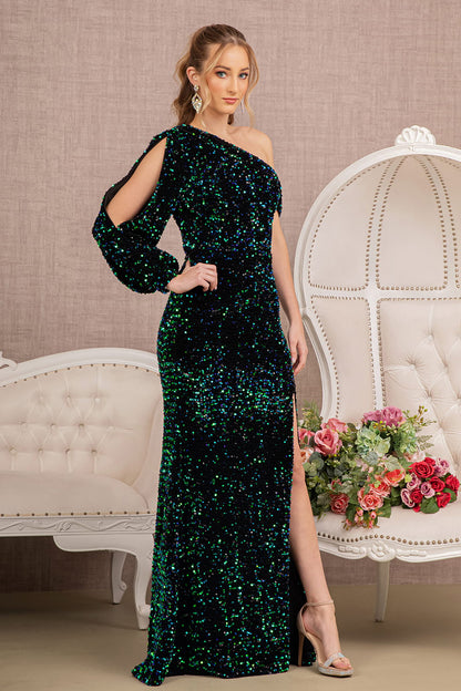 Sequin Asymmetric Velvet Mermaid Dress w/ One Long Puff Sleeve