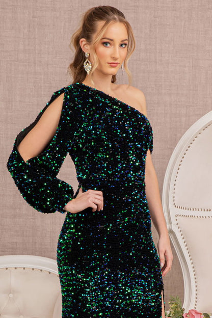 Sequin Asymmetric Velvet Mermaid Dress w/ One Long Puff Sleeve