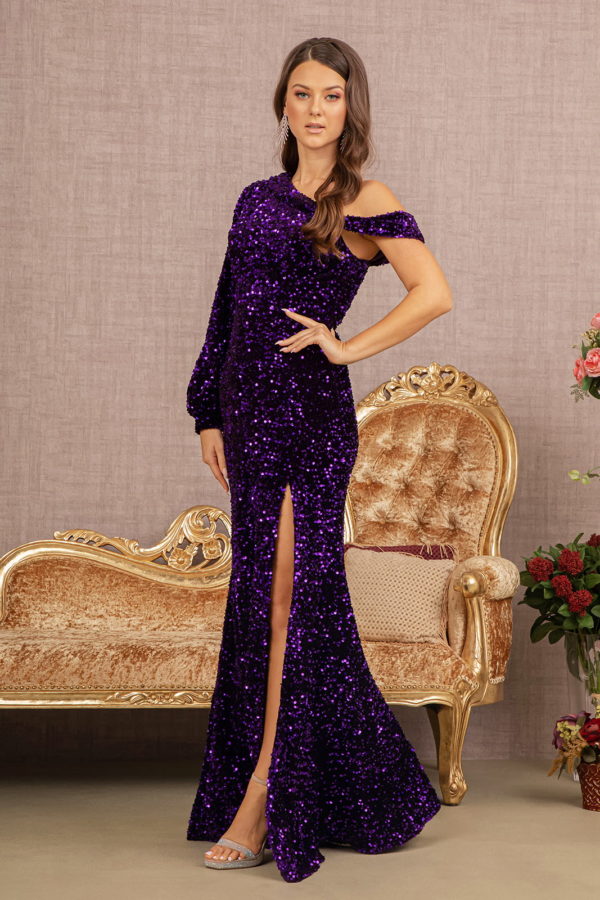 Sequin Asymmetric Velvet Mermaid Dress w/ One Long Puff Sleeve